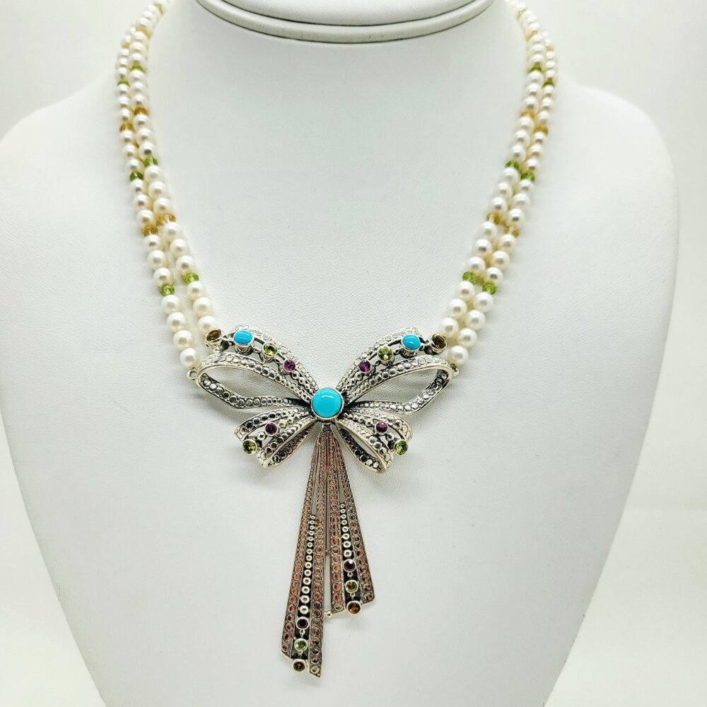 Nicky Butler Bow Ribbon Necklace Gem Turquoise Freshwater Pearl Sterling Silver